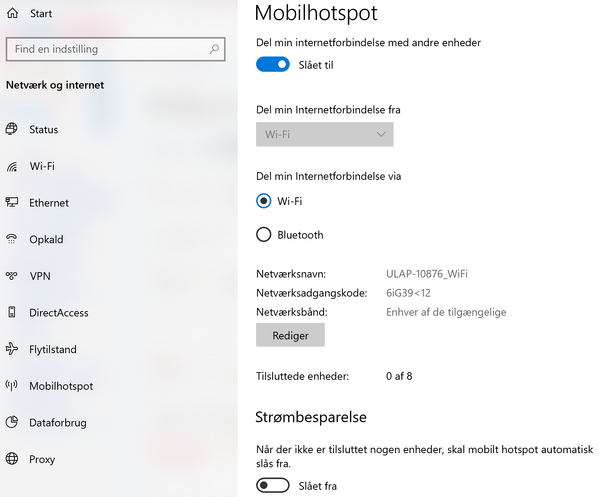 Indstillinger til mobilhotspot